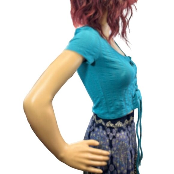 (6 for $25) SO Aqua Blue Short Sleeve Lace Up Front Textured Tee - Size Small - Picture 5 of 6